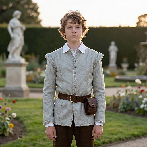Young boy with curly brown hair, wearing light gray button-up shirt, brown belt, and brown pants, standing in a garden with statues and colorful flowers