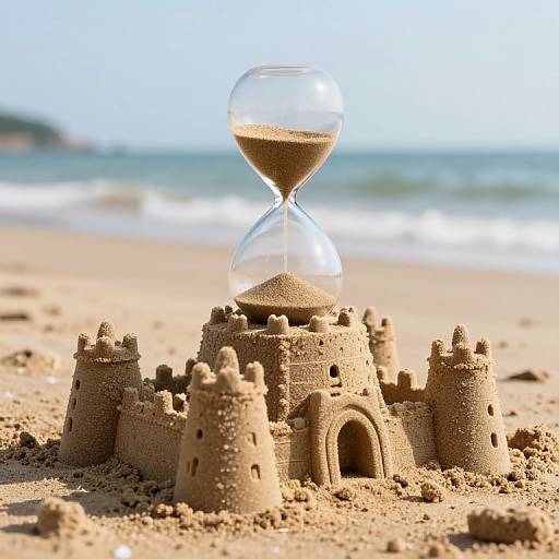 Photograph of a detailed sandcastle with multiple towers, arches, and a clear hourglass on a sunny beach with blue ocean waves in the background