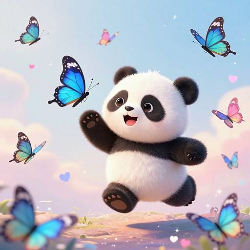 Cute CGI panda cub joyfully jumping among vibrant blue and pink butterflies against a bright, pastel sky backdrop.