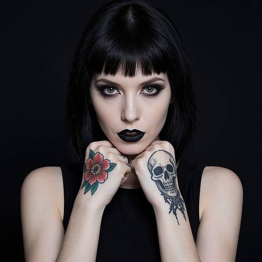 Gothic woman with black hair, dark lipstick, and tattoos of a red flower and skull, hands clasped, against a black background. Photograph