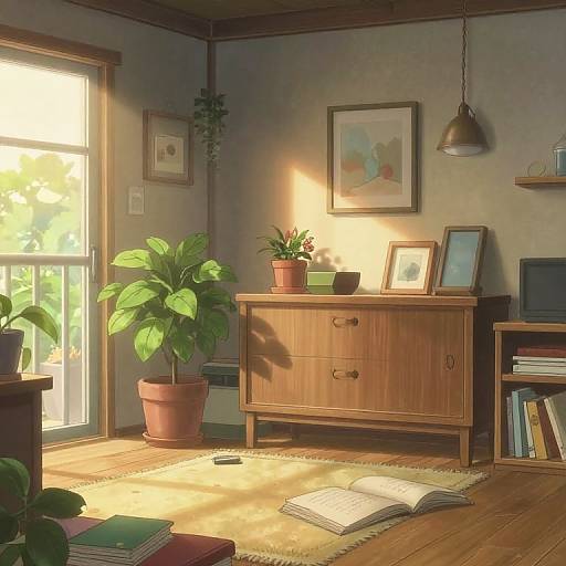Sunlit cozy living room with wooden furniture, potted plants, framed art, bookshelf, open book on rug, and soft natural light.