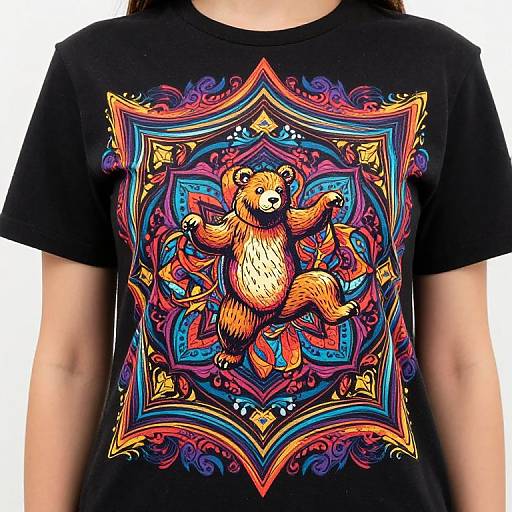 Photograph of a person wearing a black T-shirt with a vibrant, detailed, colorful digital illustration of an orange bear dancing within an ornate, sym