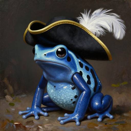 Digital painting of a blue frog with black spots, wearing a black tricorn hat with a white feather, sitting against a dark, textured background.