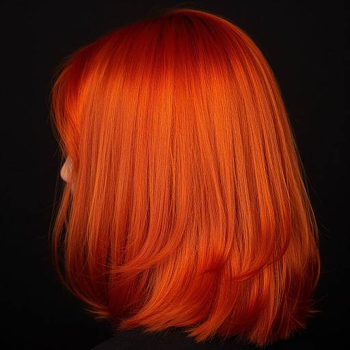 Side profile photograph of a vibrant, fiery red, shoulder-length bob haircut against a stark black background, highlighting the hair's glossy texture and vivid color.