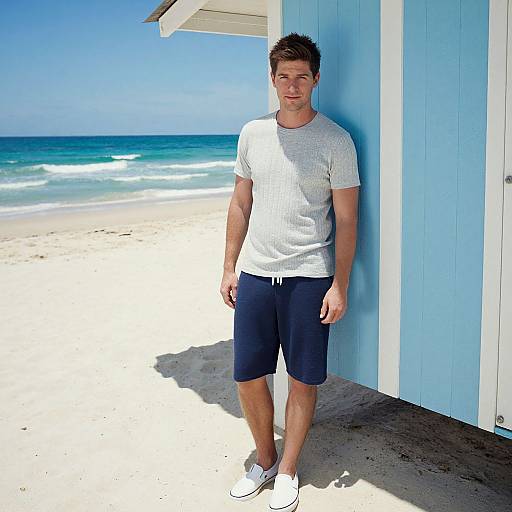 Photograph of a young, handsome man with short brown hair, wearing a white t-shirt, navy shorts, and white sneakers, standing against a blue