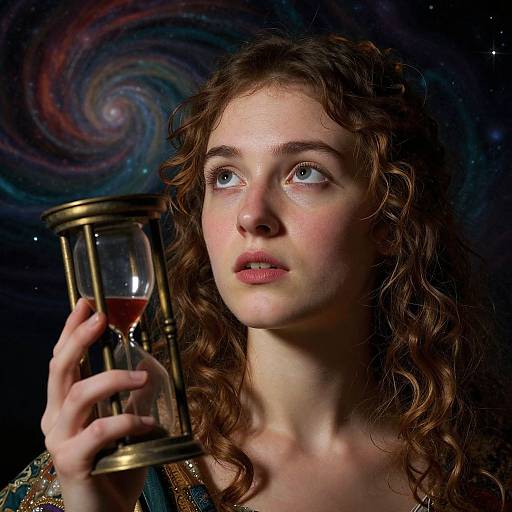 Photograph of a young woman with curly brown hair, holding an hourglass, gazing upward. Cosmic swirl background. Ethereal, contemplative expression