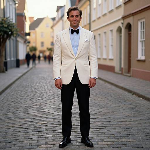 Photograph of a handsome man with short brown hair, wearing a white tuxedo, black bow tie, and black pants, standing on a cob