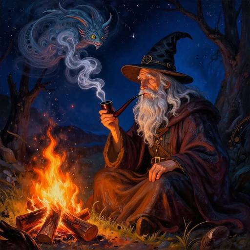 Digital painting: Wizard with white beard, black hat, and cloak, smokes pipe beside fire, with ethereal dragon above, under starry night