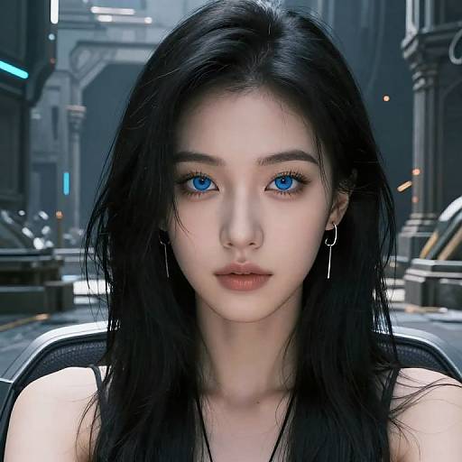Digital artwork of an East Asian woman with long black hair, striking blue eyes, and pale skin, standing in a futuristic, neon-lit cityscape