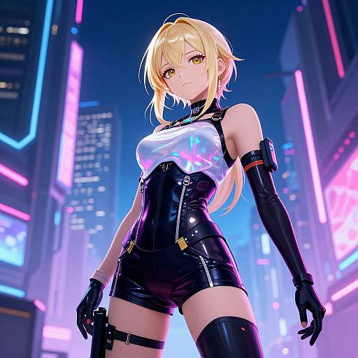 Digital anime-style artwork of a blonde, yellow-eyed female character in a neon-lit futuristic city. She wears a black, glossy, sleeveless jumps