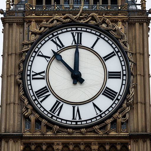Photograph of the ornate Big Ben clock face with black Roman numerals, gold decorative border, black hands, and white background.
