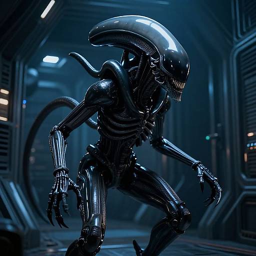 CGI image of a shiny, black, alien creature with a long tail, sharp teeth, and elongated head, standing in a futuristic, blue
