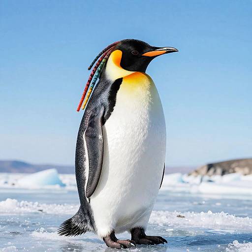 Photograph of a King Penguin standing on icy terrain, showcasing its black head, orange throat, and white belly with blue sky background.