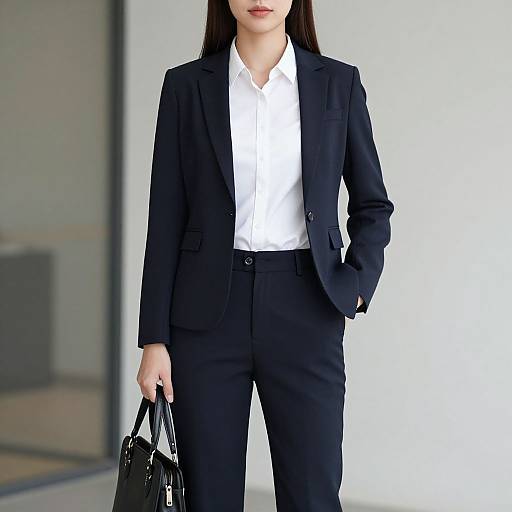 Photograph of an Asian woman in a black suit, white shirt, holding a black handbag, standing in a modern, minimalist office.