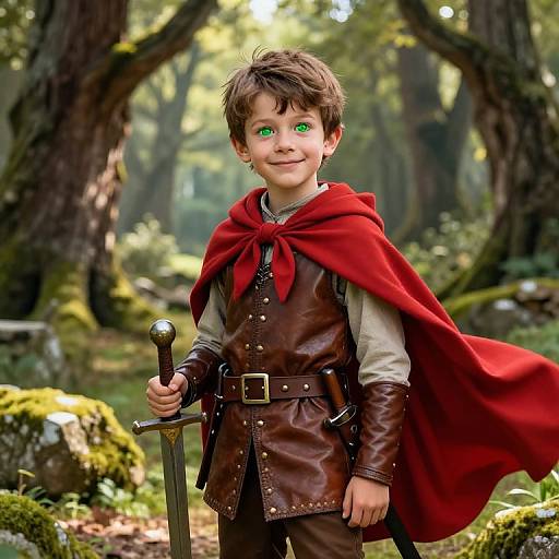 Medieval Boy with Sword in Forest