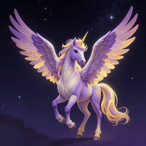 Digital illustration of a radiant, purple unicorn with glowing yellow wings and mane, standing against a starry night sky, exuding a magical, ethereal
