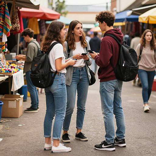 Photograph of three young adults in a bustling outdoor market, wearing casual clothes, backpacks, and blue jeans, standing and looking at smartphones.