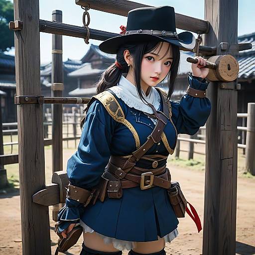 Anime-style photograph of a young woman in a black cowboy hat, blue medieval-style outfit, and brown leather straps, holding a wooden gun, standing in