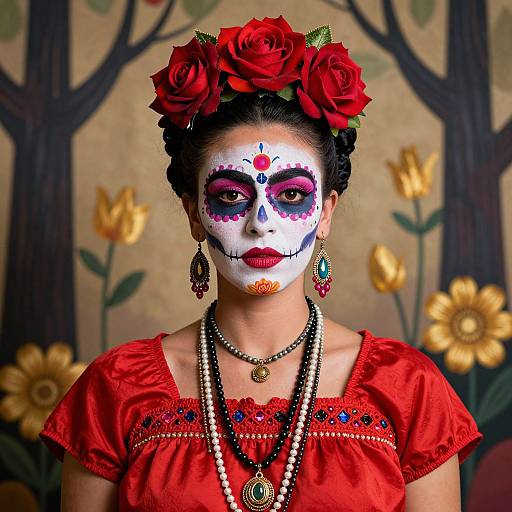 Photograph of a woman in Day of the Dead makeup, wearing a red dress, flower crown, and jewelry, against a tree mural.