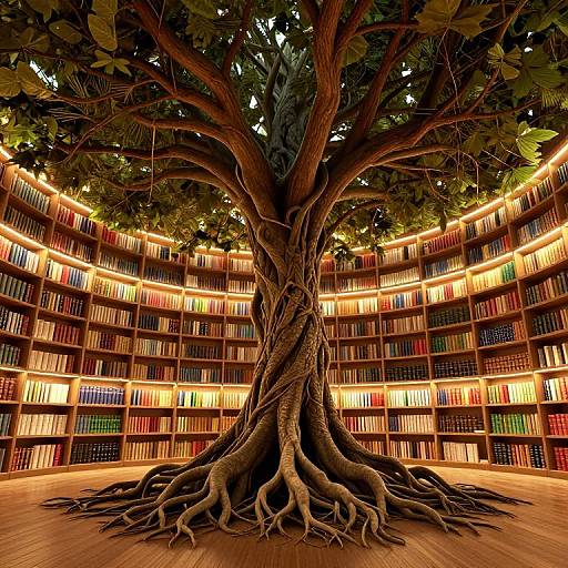 Photograph of a grand, twisting tree with sprawling roots in a warmly lit, circular library filled with colorful bookshelves.