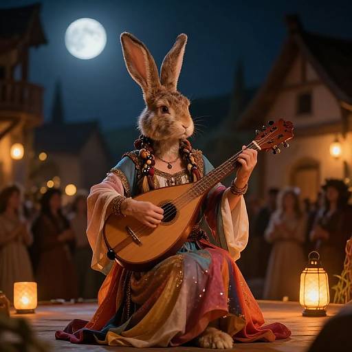 Photograph of anthropomorphic rabbit playing lute in medieval village, wearing colorful, flowing dress, under full moon, surrounded by warmly lit houses and lantern