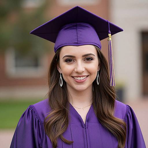 Photograph of a smiling young woman with long brown hair, wearing a purple graduation cap and gown, dangling earrings, and a gold tassel, against