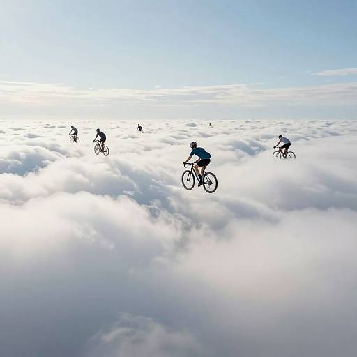 Photograph of five cyclists in silhouette, riding mountain bikes above a vast, fluffy cloud layer under a bright, clear blue sky.