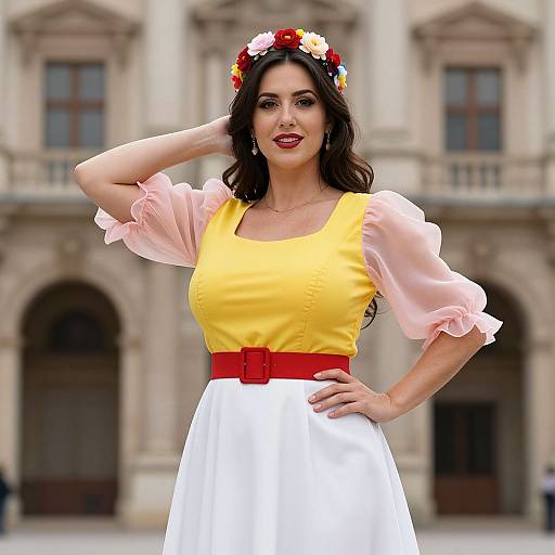 Photograph of a smiling woman with dark hair, wearing a yellow dress with pink sleeves, red belt, white skirt, and flower crown, standing in