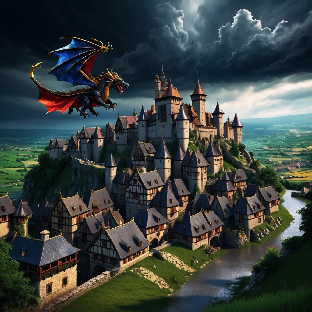 Majestic Dragon Over a Medieval Village