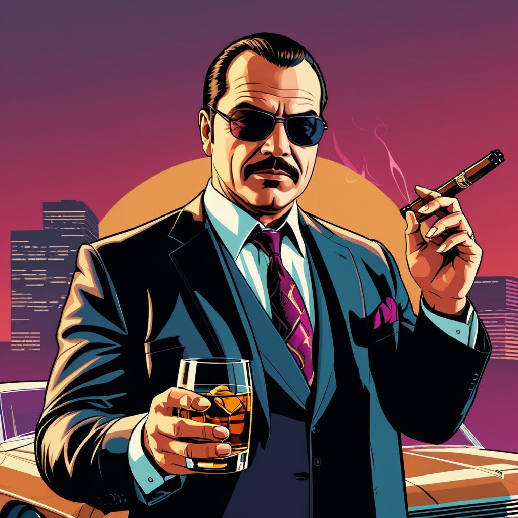 Charismatic Crime Boss with Cigar and Whiskey