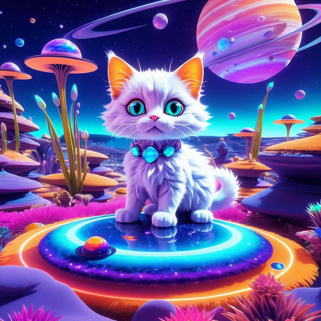 Adorable Alien Cat on Saturn's Landscape