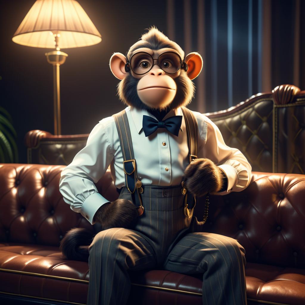 Business Monkey in Suspenders on Vintage Couch