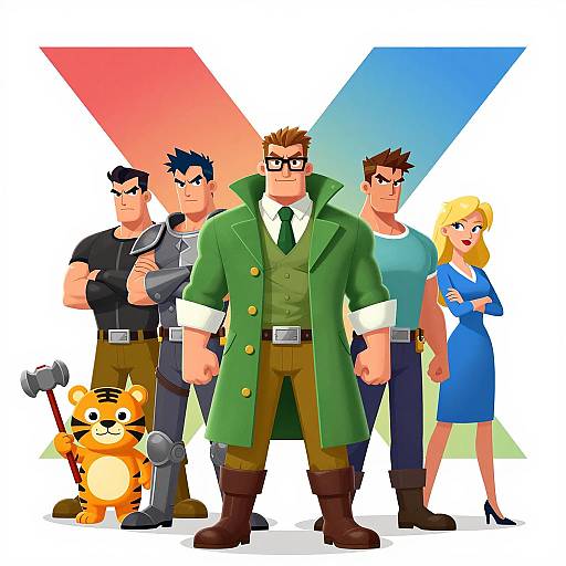 Group of Cartoon Characters with Colorful X Background
