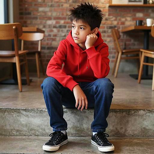 Photograph of a young boy with spiky black hair, wearing a red hoodie, blue jeans, and black sneakers, sitting thoughtfully in a brick