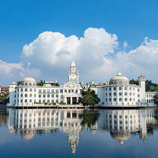 Photograph of a white, domed, historic building with a central clock tower, reflecting in a calm river under a bright blue sky with fluffy white