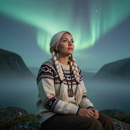Photograph of a blonde woman with long braids, wearing a white patterned sweater, sitting by a misty lake under vibrant green Northern Lights.