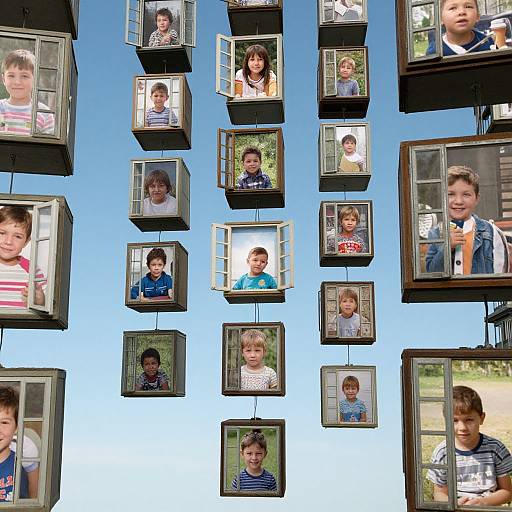Photograph of a blue wall adorned with multiple rectangular windows, each containing a different young child, some smiling, others neutral. Bright daylight.