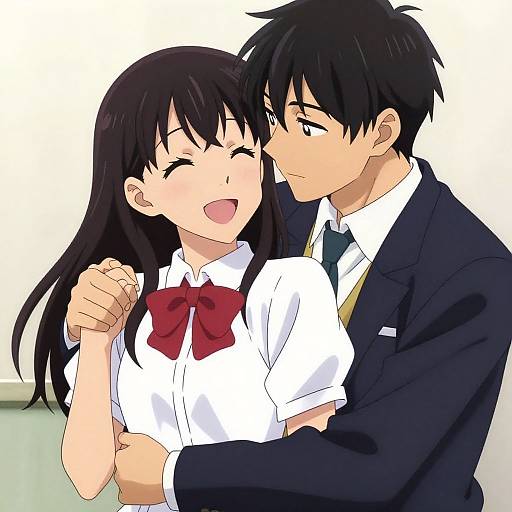 Anime-style illustration of a black-haired boy in a suit gently holding the hand of a black-haired girl with a red bow, both smiling, standing close