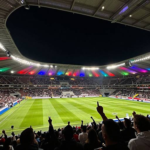 Photograph of a vibrant, packed stadium with colorful lights, cheering crowd, and silhouetted fans in the foreground, watching a soccer match on