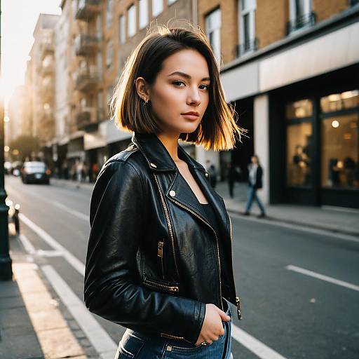 Young woman with A-line bob and leather jacket on urban street