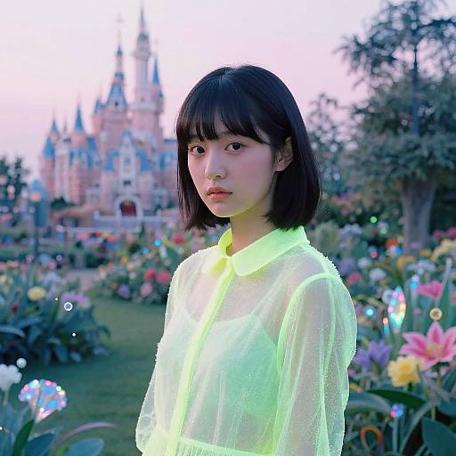 Young Woman in Translucent Neon Dress at Fantasy Castle