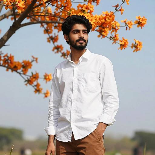 Young man beneath orange blossoms
