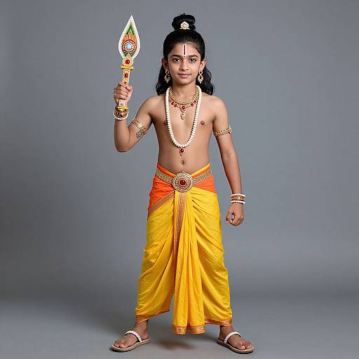 Photograph of a young Indian boy dressed as a Hindu deity, wearing a yellow dhoti, holding a trident, adorned with jewelry, and