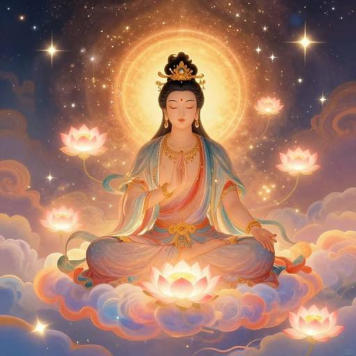 Digital artwork of a serene, meditating Buddha with closed eyes, surrounded by glowing lotus flowers, sitting on a cloud against a starry, celestial
