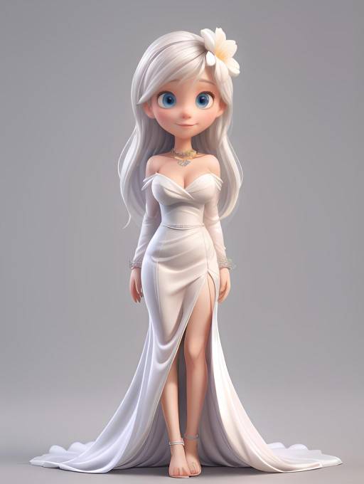 3D Cartoon Woman in Elegant White Dress