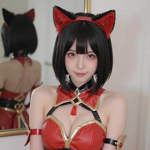 Asian Woman in Red Cat Ear Cosplay