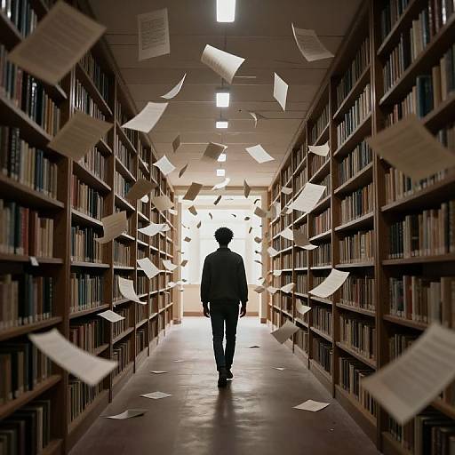 Photograph of a silhouetted figure walking down a library aisle with flying papers between tall, dark bookshelves under bright lights.