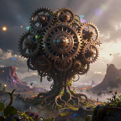 Digital fantasy artwork of a massive, gear-like tree with interlocking cogs, set in a misty, vibrant, mountainous landscape with glowing lights