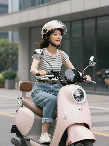 Woman Riding Pastel Pink Scooter