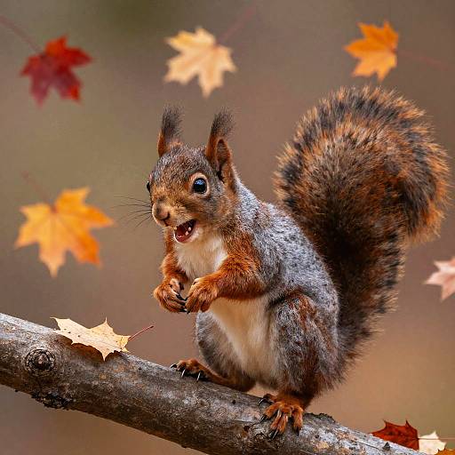 Happy Squirrel on Tree Branch with Falling Autumn Leaves